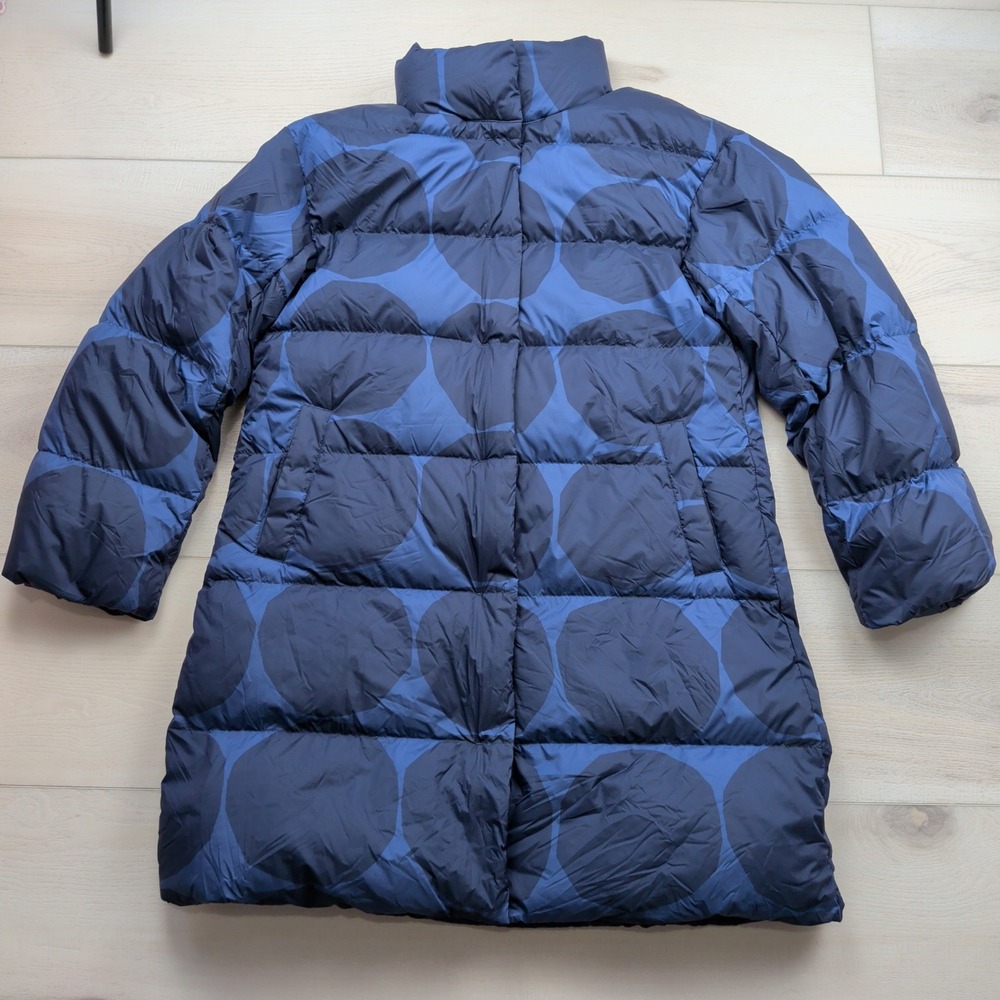 Uniqlo Marimekko Ultra Light Down Puffer Coat Womens S Navy Blue Polka Dot Kivet
